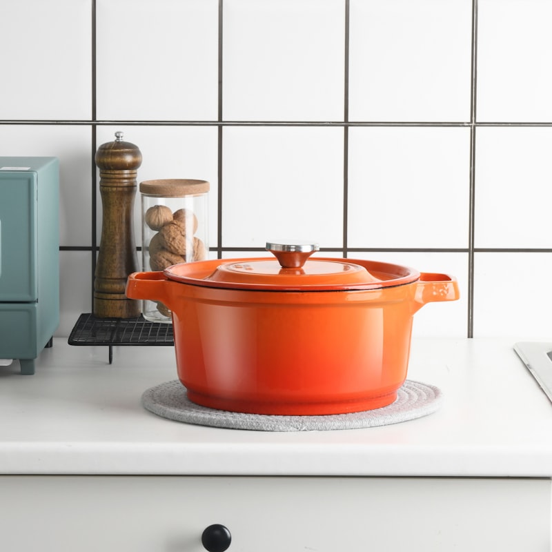 Cast-iron casserole pot on a kitchen counter